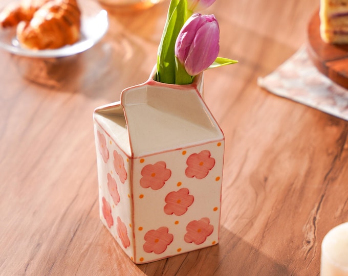Hand-Painted Ceramic Milk Carton Vase: Pink Daisy Flower Pot