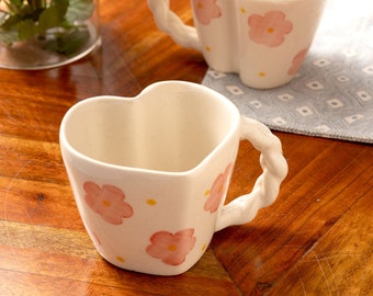 Handcrafted Heart Ceramic Mug Set: Floral Design, 7 oz, Valentine's Gift