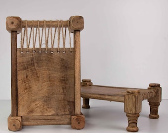 Handcrafted Wooden Serving Tray in Miniature Indian Cot Style– Versatile Table Decor
