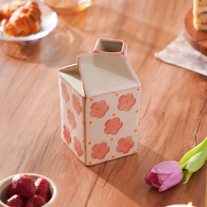 Unique Ceramic Flower Pot - Milk Carton Shape with Pink Flowers