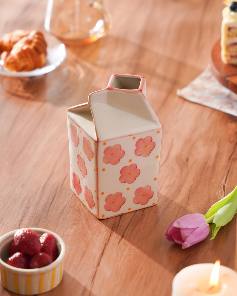 Unique Ceramic Flower Pot - Milk Carton Shape with Pink Flowers