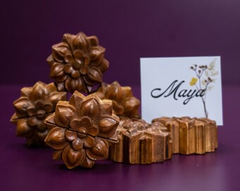 Hand Carved Wooden Flower Place Card Holders - Indian Rose Phool, Set of 6