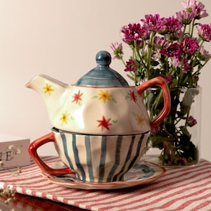 Handcrafted Floral Tea for One Set - Ceramic Teapot, Cup, and Saucer - One Cup Tea Set with Hand-Painted Flowers