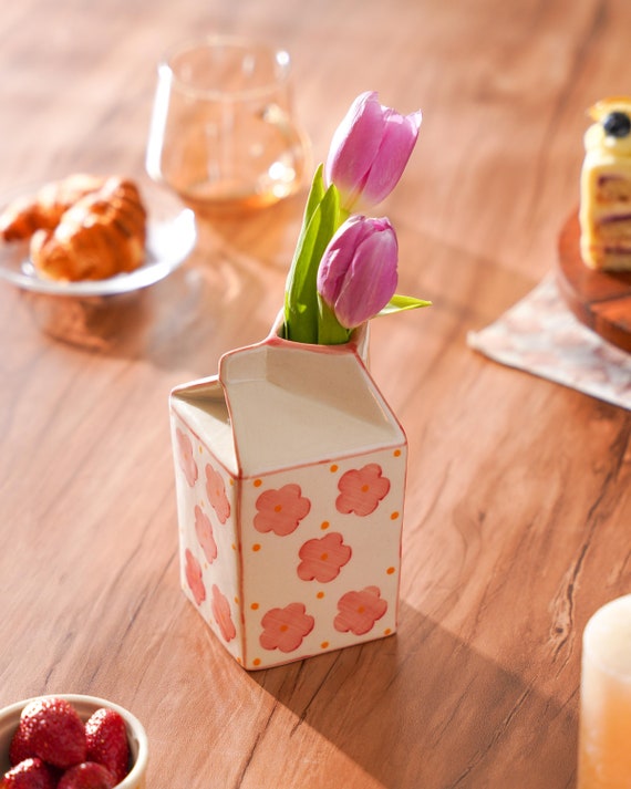 Hand-Painted Ceramic Milk Carton Vase: Pink Daisy Flower Pot