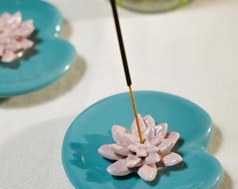 Handmade Ceramic Lily Pad Flower Incense Holder - Green and white Glaze