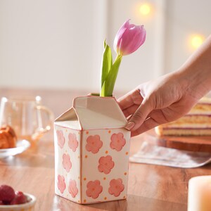 Charming Ceramic Milk Carton Vase with Hand-Painted Pink Flowers