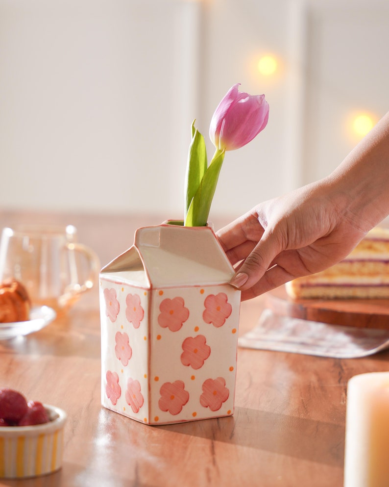 Charming Ceramic Milk Carton Vase with Hand-Painted Pink Flowers