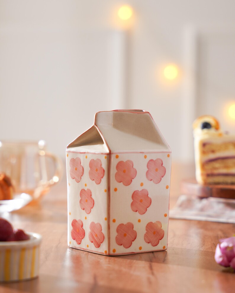 Perfect Gift - Hand-Painted Ceramic Milk Carton Pink Vase