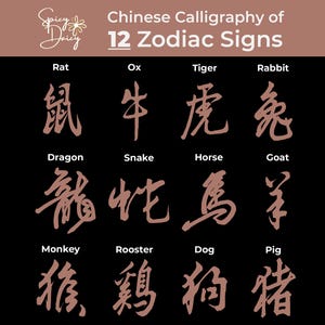 Chińskie znaki zodiaku kaligrafia sztuka wydruku 12 chińskich znaków zodiaku symbole Feng Shui cyfrowe pobieranie dla projektów rzemieślniczych wystrój domu