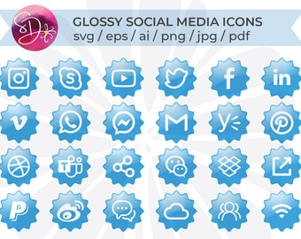 Glossy Blue Badge Social Media SVG, Shinny Social Media and Web Icons SVG, Social Icon SVG, Digital Web App Icons, Apps svg, Icons Bundle