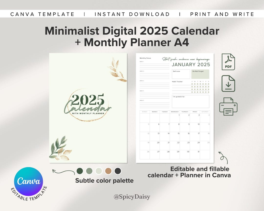 2025 Monthly Planner Printable | Minimalist Habit Tracker (canva
