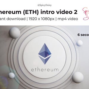 May include: A 6-second animated video intro for Ethereum (ETH) with a white background and a blue and white Ethereum logo in the centre. The logo is surrounded by concentric circles and white spheres.