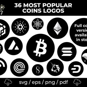 Op de afbeelding: Een zwart-wit grafisch ontwerp met 36 logo's van populaire cryptocurrencies. De logo's zijn in een cirkel gerangschikt met de tekst "36 MOST POPULAR COINS LOGOS" bovenaan. De tekst "Full color version available in store." staat rechtsonder in de afbeelding.