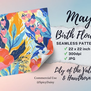 Motif floral sans couture de fleur de naissance de mai, mois de naissance mai, cadeau de bricolage pour maman, fleur d'anniversaire de motif de lys pour elle, pour la petite amie de soeur de maman