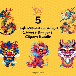 Unique Chinese Dragon Clipart Bundle, Dragon clip art set for Chinese New Year, Chinese Zodiac, PNG, Year of the Dragon 2024, Dargon cartoon