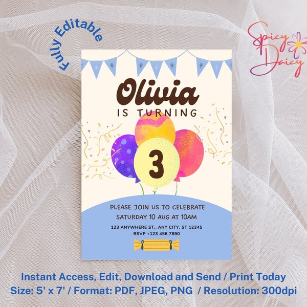 Personalized Balloon Birthday Invitation Canva Template Baby Bday Invite Girls party invite, 1st 2nd 3rd 4th 5th 5'x7' inch gift greet card