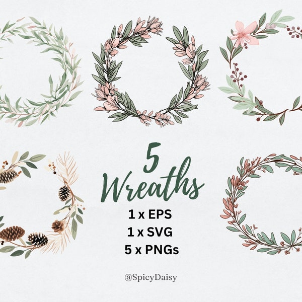 5 Wreaths in watercolor sage Christmas wreath wedding invitation botanical wreath clipart png isolated transparent wreaths wedding Xmas