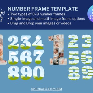 May include: A digital template for number frames, featuring two types of 0-9 frames. Includes single and multi-image options. The design is on a blue background with the text "NUMBER FRAME TEMPLATE" and "Drag & Drop in Canva".