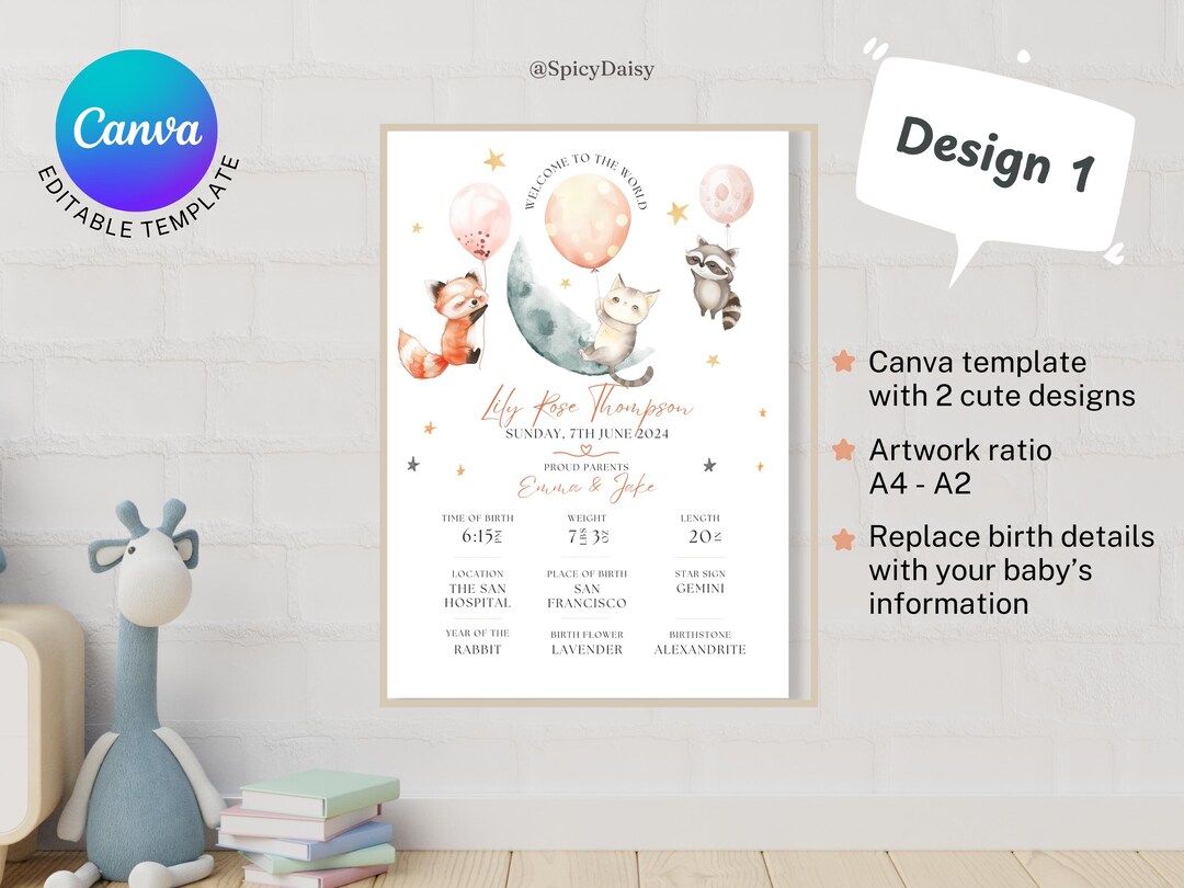 Digital Personalised New Baby Girl Gift, Birth Stats, Nursery Print