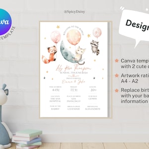 Presente digital personalizado para bebê menina, estatísticas de nascimento, impressão de berçário, lembrança, mapa de nascimento, presente personalizado para bebê, quarto de bebê, Canva, batizado