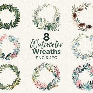 8 couronnes en sauge aquarelle guirlande de Noël faire-part de mariage guirlande botanique clipart png isolé transparent couronnes mariage Noël
