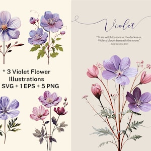 Violet Flower Bouquet Digital Collection: 5 Elegant Floral Clipart Illustrations, SVG & EPS Bundle for Crafts, DIY, living room,wedding,card