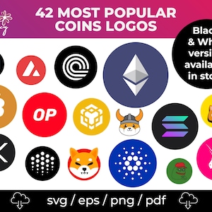 May include: A collection of 42 cryptocurrency logos, each displayed in a circle on a white background. The logos are colorful and represent popular cryptocurrencies such as Bitcoin, Ethereum, and Solana. The text "42 MOST POPULAR COINS LOGOS" is at the top of the image. The text "Black & White version available in store." is in the top right corner of the image.