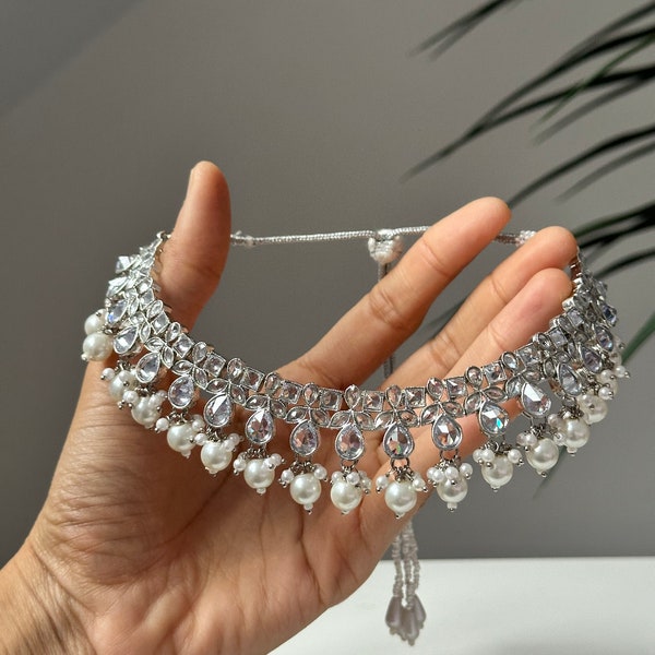 Silver Pearl white necklace polki / Indian jewellery /asianjewelleryset/pakistani jewellery