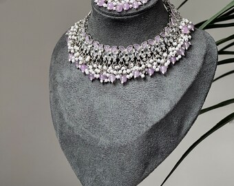 Silver lilac lavender Pearl white necklace polki / Indian jewellery /asianjewelleryset/pakistani jewellery