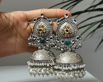 Zilveren Poolse oversize lichtgewicht jhumka / Indiase jhumka / Aziatische kleurrijke jhumka / geoxideerde sieraden jhumka / Indiase sieraden