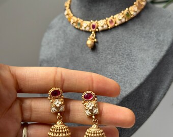 Absolutely gorgeous sleek chokers / multicolour /gold/ruby / Indian jewellery sets/ temple jewellery/ bridal jewels/kundan