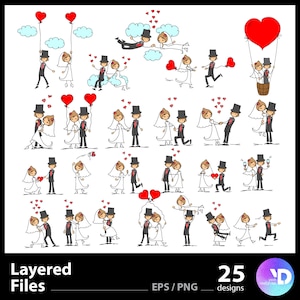 MARIAGE Mariée et marié, amour de couple, dessin au trait, clipart de mariage de mariage, Fichier vectoriel numérique EPS PNG, personnage mignon, Fichier vectoriel numérique