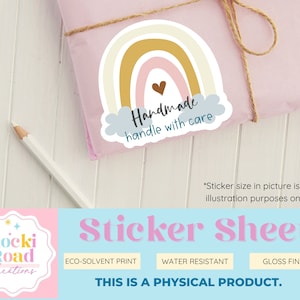 Handmade Handle With Care Sticker Sheet (902) | Small Business Stickers | Happy Mail Packaging Stickers | Permanent Vinyl Stickers