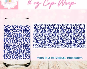 Blue Talavera UV Dtf Cup Wrap (670) | 16oz. Glass | DIY Crafts |Libbey Cup Wraps | Mexican Design Talavera Art | Latina Art | Latina Magic