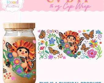 UVDTF Mexico Butterflies Cup Wrap 16oz. Glass Libbey Cup Wraps UVDTF transfers Mexican Modern Talavera Coffee Mug Design Muneca Lele Design