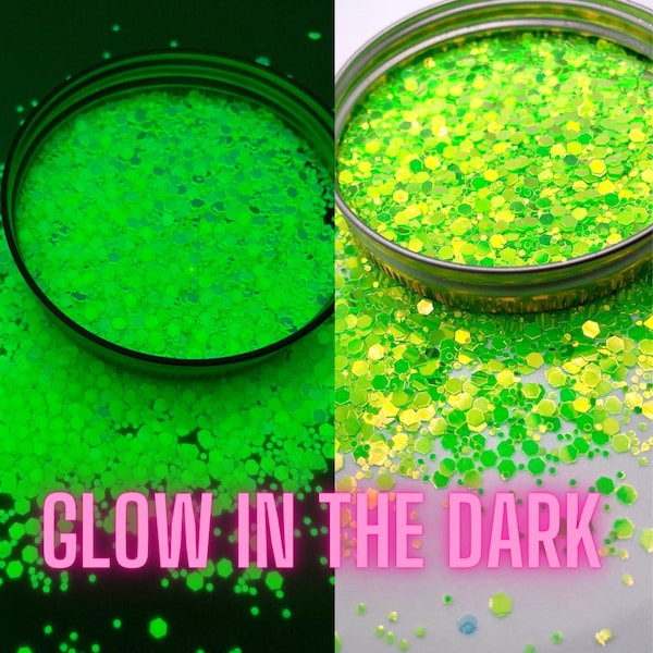 Fluorescent Neon Green Glow in the Dark Iridescent Glitter for snow globes, tumblers, resin art, nail art, slime, Lime Green Chunky