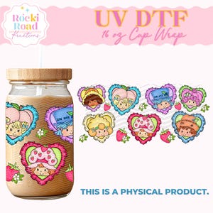 Berry Friendly Hearts UVDTF Cup Wrap 16oz. Glass Strawberry Shortcake Cup for Coffee Lover Strawberry and Friends Coffee Cup