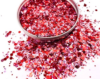 FUN candy | Red, Pink and White Opal Chunky Glitter Mix in Hexagon Shape for Tumblers, Resin Art, Snow Globes, Body Makeup | Polyester PET