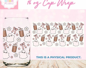 Coffee Boos UVDTF Cup Wrap (637) | 16oz Libbey Glass Wrap for Iced Coffee Mug Sticker Peel and Stick Spooky Wrap Pink Bows Halloween Ghosts