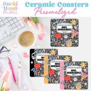 May include: Ceramic coasters with a composition book design, personalized with the name "MRS. HERNANDEZ". The coasters feature a black and white speckled background with colorful illustrations of a tomato, scissors, and a sun. The text "Ceramic Coasters Personalized" is at the top.