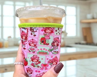 Strawberry Squares Cup Sleeve Iced Coffee Lover Trendy Gift Cup Cover Book Lover Cafecito Drink Cover Retro 80s Mug Design Holiday Gift Idea