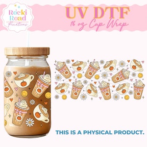 May include: A 16 ounce cup wrap with a fall-themed design featuring pumpkin spice lattes, daisies, hearts, and smiley faces. The wrap is printed on clear vinyl and is designed for use with a UV DTF printer.  UV DTF 16 oz Cup Wrap.
