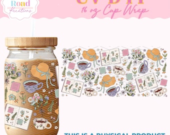 Cottage Girly UVDTF (6848) Cup Wrap 16oz. Groovy Stickers Trendy Spring Design Wrap Tea and Flowers Vintage Style Cup Wraps Peel and Stick