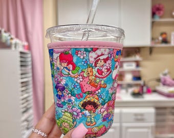 Strawberry Aqua Land Cup Sleeve Iced Coffee Lover Trendy Gift Cup Cover Book Lover Cafecito CoverRetro 80s Mug Design Holiday Gift Idea