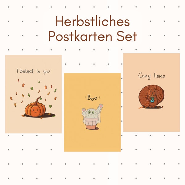 Set: Umfangreiches Herbst Halloween Set Grußkarten mit Bunten Kürbis Gespenter Eichhörnchen Illustrationen Gemütlich A6
