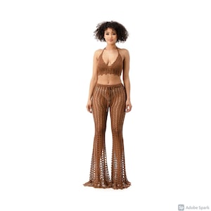 Brown Crochet 2 Piece Set | Halter Neck Back Tie with Elastic Waist Bell Bottom Beach Cover Up | 2 Piece Set Cover Up
