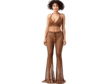 Brown Crochet 2 Piece Set | Halter Neck Back Tie with Elastic Waist Bell Bottom Beach Cover Up | 2 Piece Set Cover Up