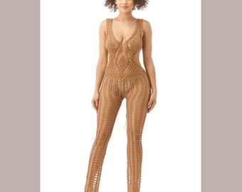 Elegant Brown Crochet Jumpsuit Cover Up