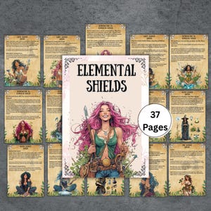 May include: A collection of illustrated cards and a central booklet titled "Elemental Shields." The booklet features a smiling woman with pink hair. The cards have text and illustrations of various elemental themes. The booklet has 37 pages.