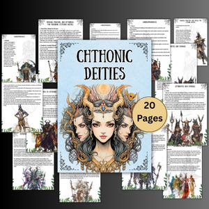 Puede incluir: Colección de folletos de 20 páginas titulados "Chthonic Deities". La portada presenta una ilustración detallada de una mujer con múltiples rostros, adornada con oro y joyas. Las páginas circundantes muestran texto e ilustraciones de varias deidades.